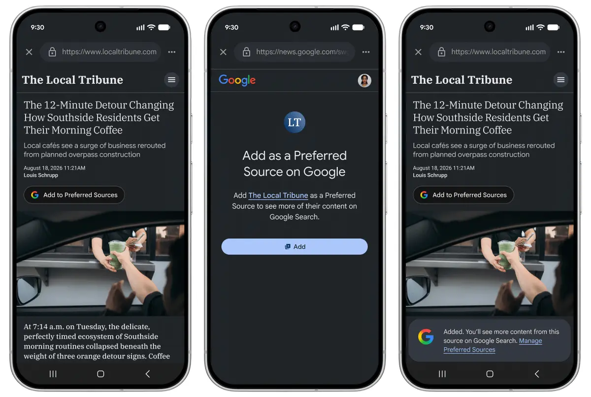 Google's Preferred Source Button No Longer Sends Readers Away — 600,000 Sources Selected