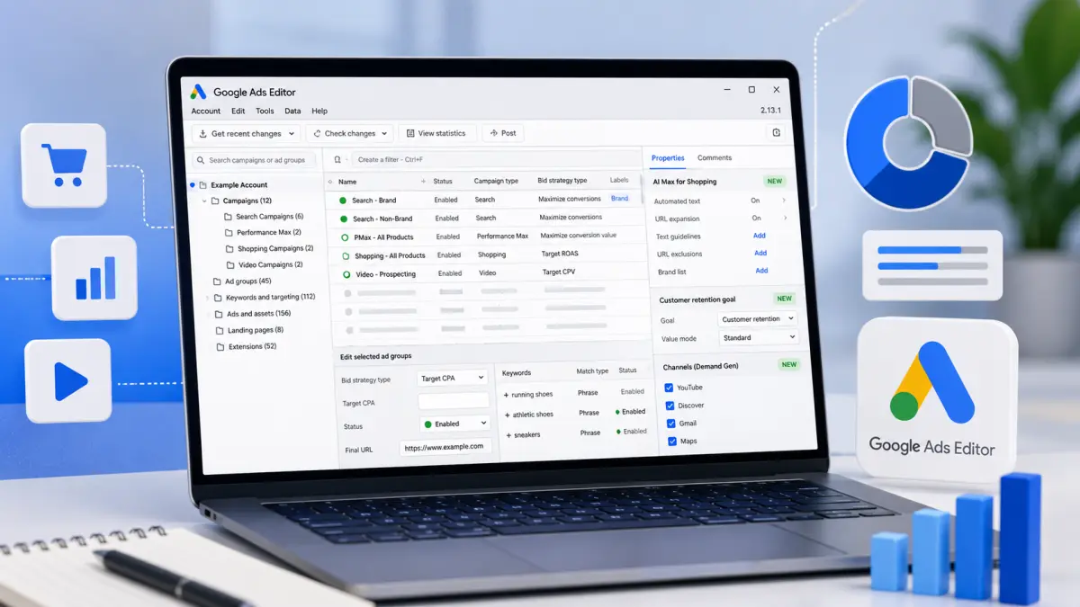 Google Ads Editor 2.13: AI Max for Shopping and Retention Goals for Performance Max