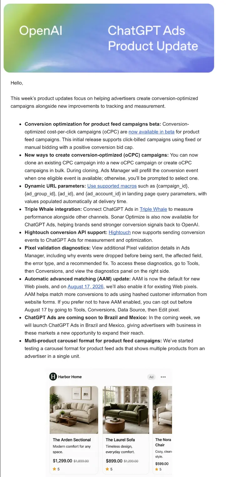 ChatGPT Ads Adds oCPC, Product Carousels, and an August 17 AAM Deadline